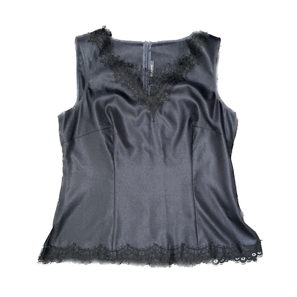 St. John Tops - St. John Black and Navy Lace Trim Wool Silk Blouse, size medium